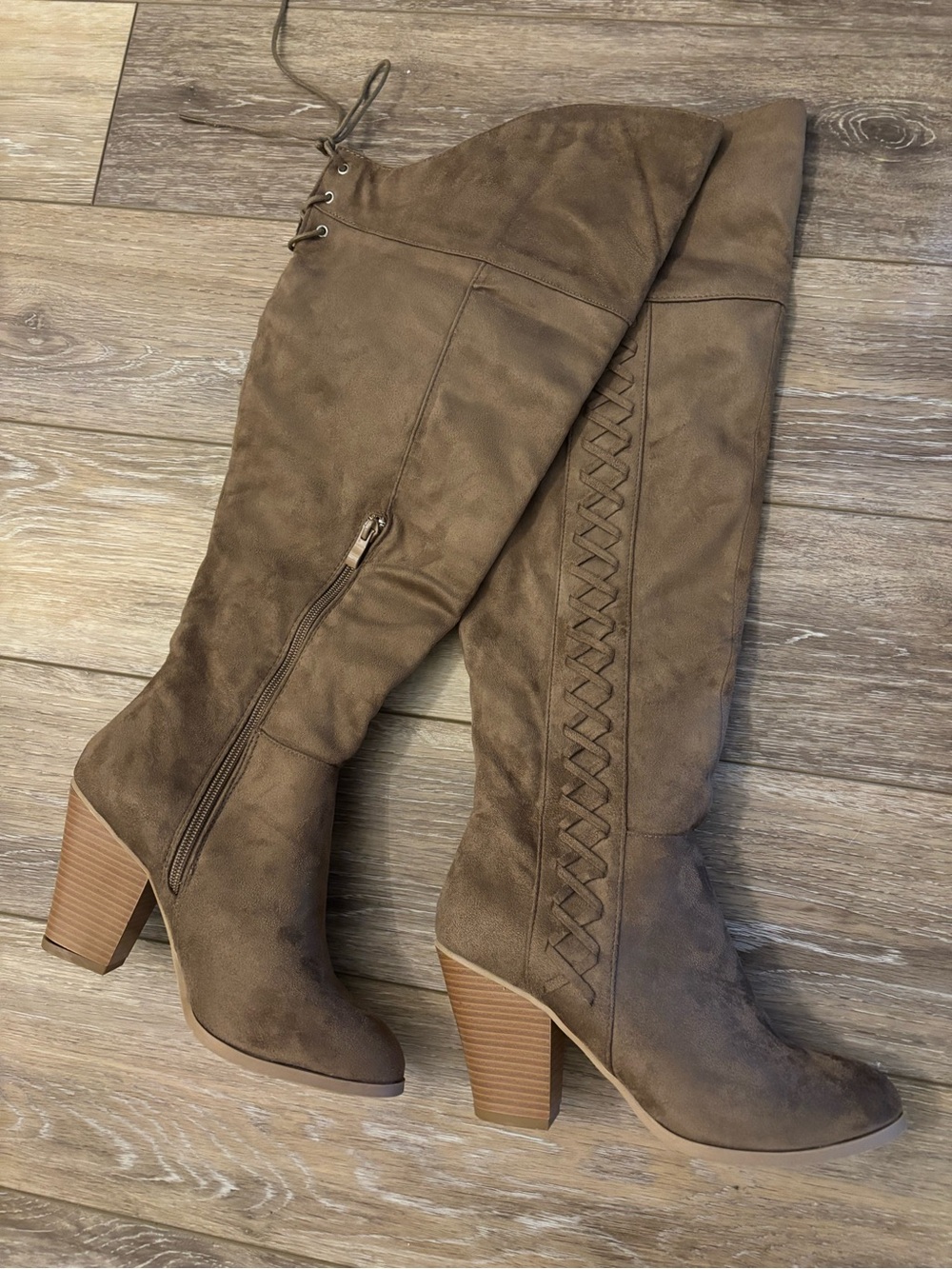 Wide Calf Over-the-Knee Chunky Heel Boots in Taupe